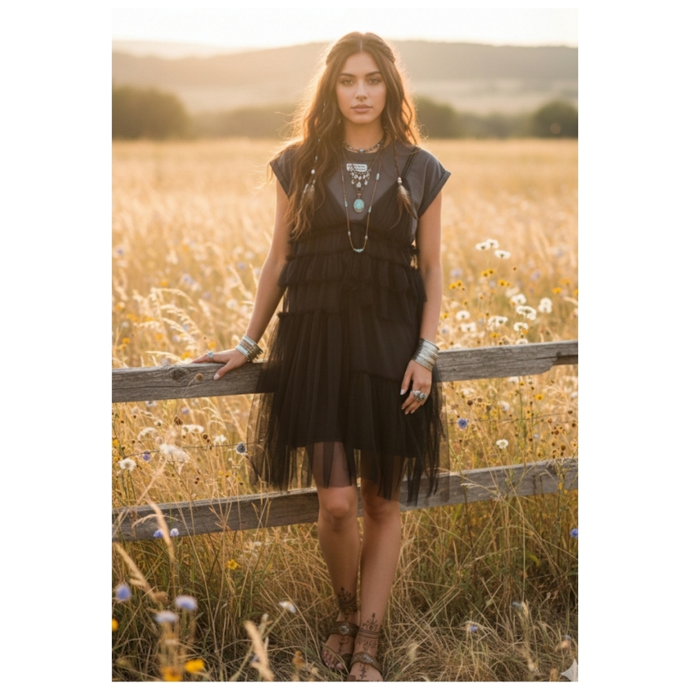Boutique Tulle Black Layered Tshirt Dress